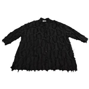 Nordic Textured Fringe Blouse Womens 18 Black Oversized Button Front Minimalist